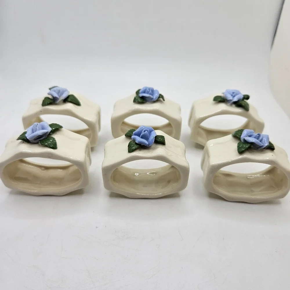 Vintage Porcelain Napkin Rings Set of 6 Blue Rose Floral Grannycore Cottagecore